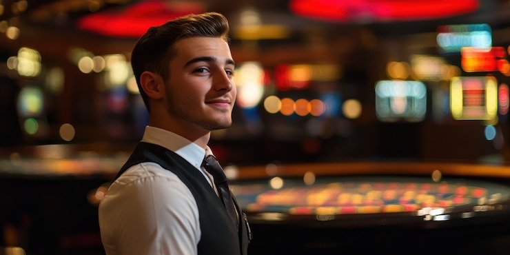 Live Bandar Poker table with professional dealer and players on winbaru678